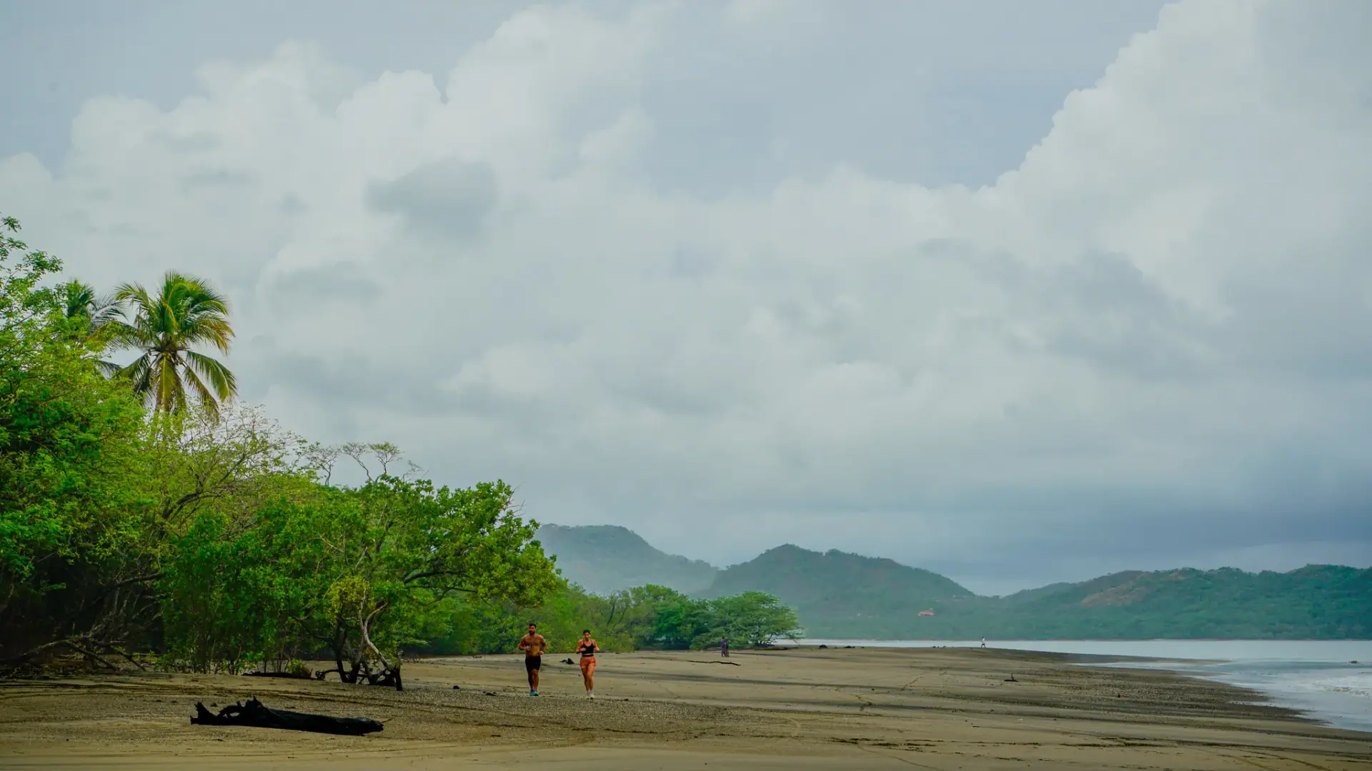 Walkers on a wide dark-sand beach under dramatic skies